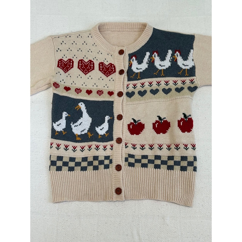 Vintage Cottagecore Farm Animal Knit Cardigan Beige Chicken Goose Apple Heart